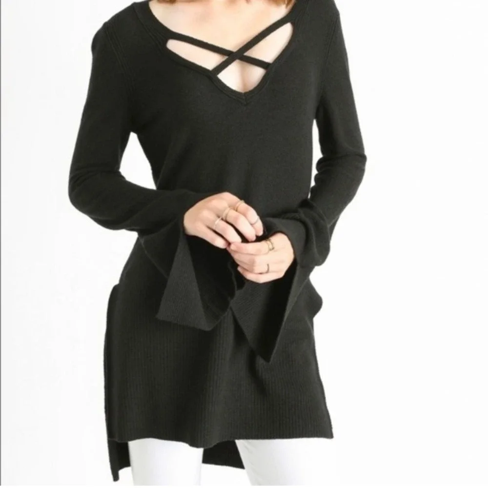 Free‎ People Criss Cross Tunic Knit Sweater Black Womens Medium